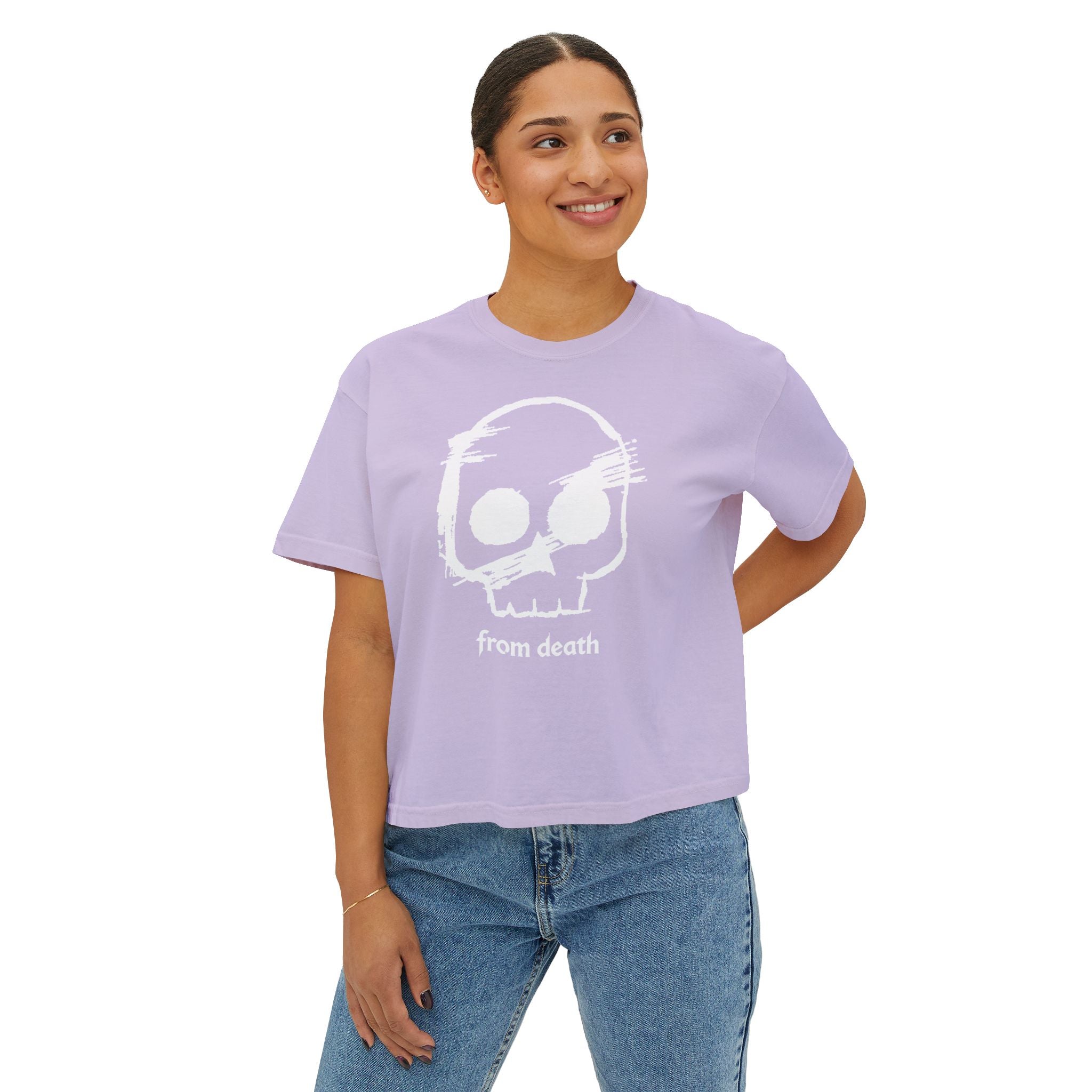 Adult Women's Boxy Tee — Subtle Skull & Cross Outline Graphic