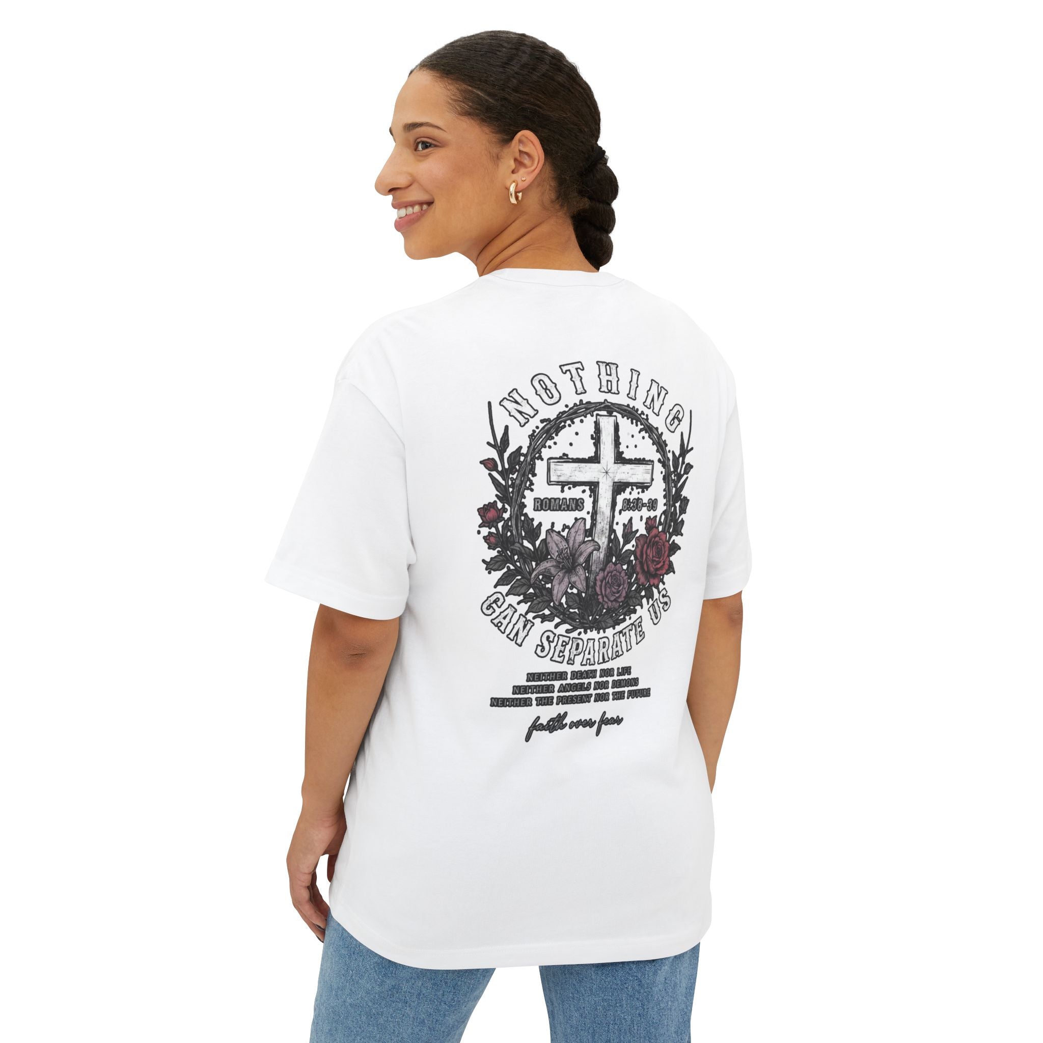 Nothing Can Separate Us Oversized Tee — Floral Cross Christian Graphic T‑Shirt (Unisex, Adult)