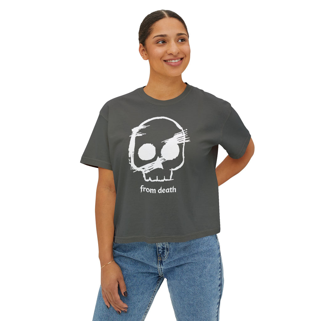 Adult Women's Boxy Tee — Subtle Skull & Cross Outline Graphic