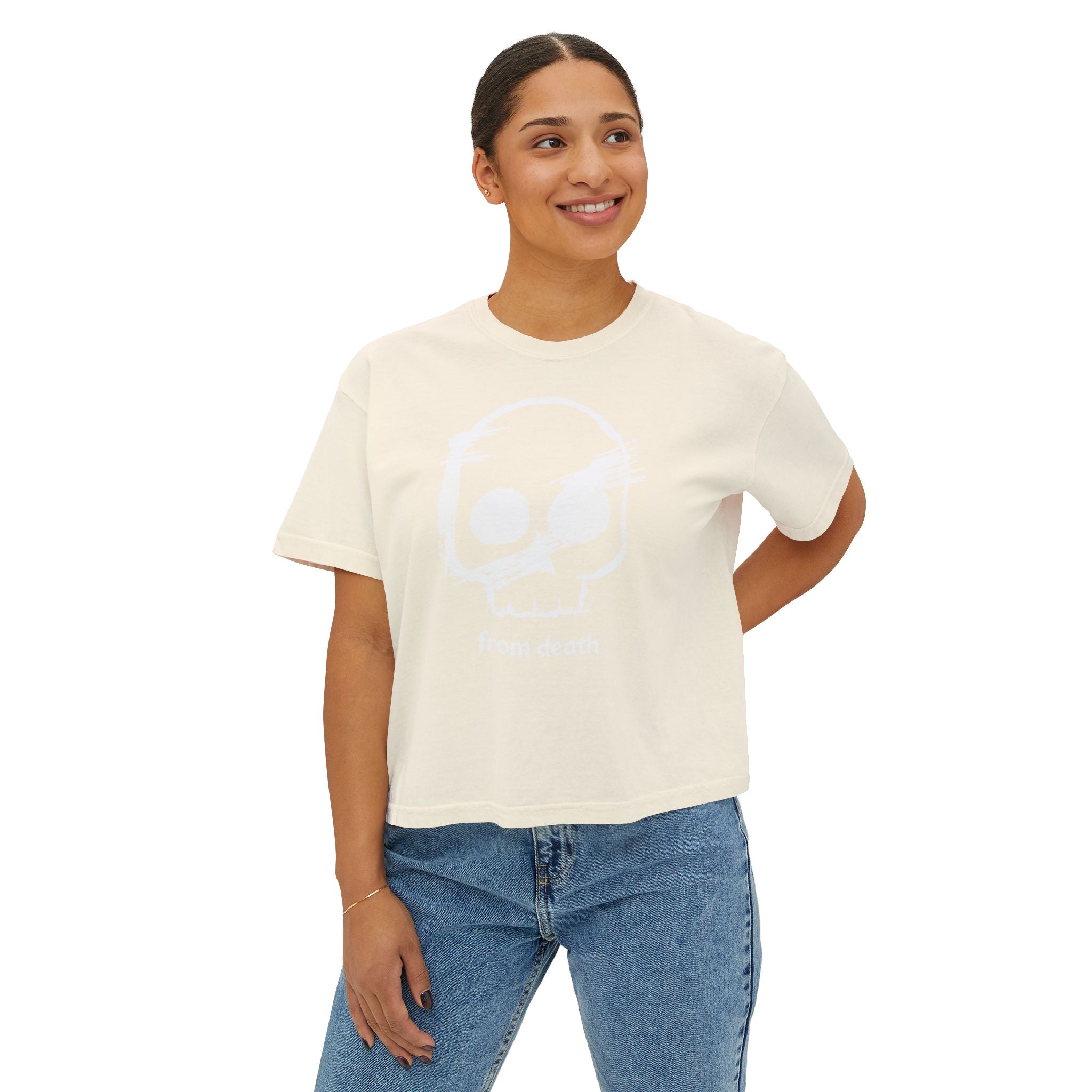 Adult Women's Boxy Tee — Subtle Skull & Cross Outline Graphic