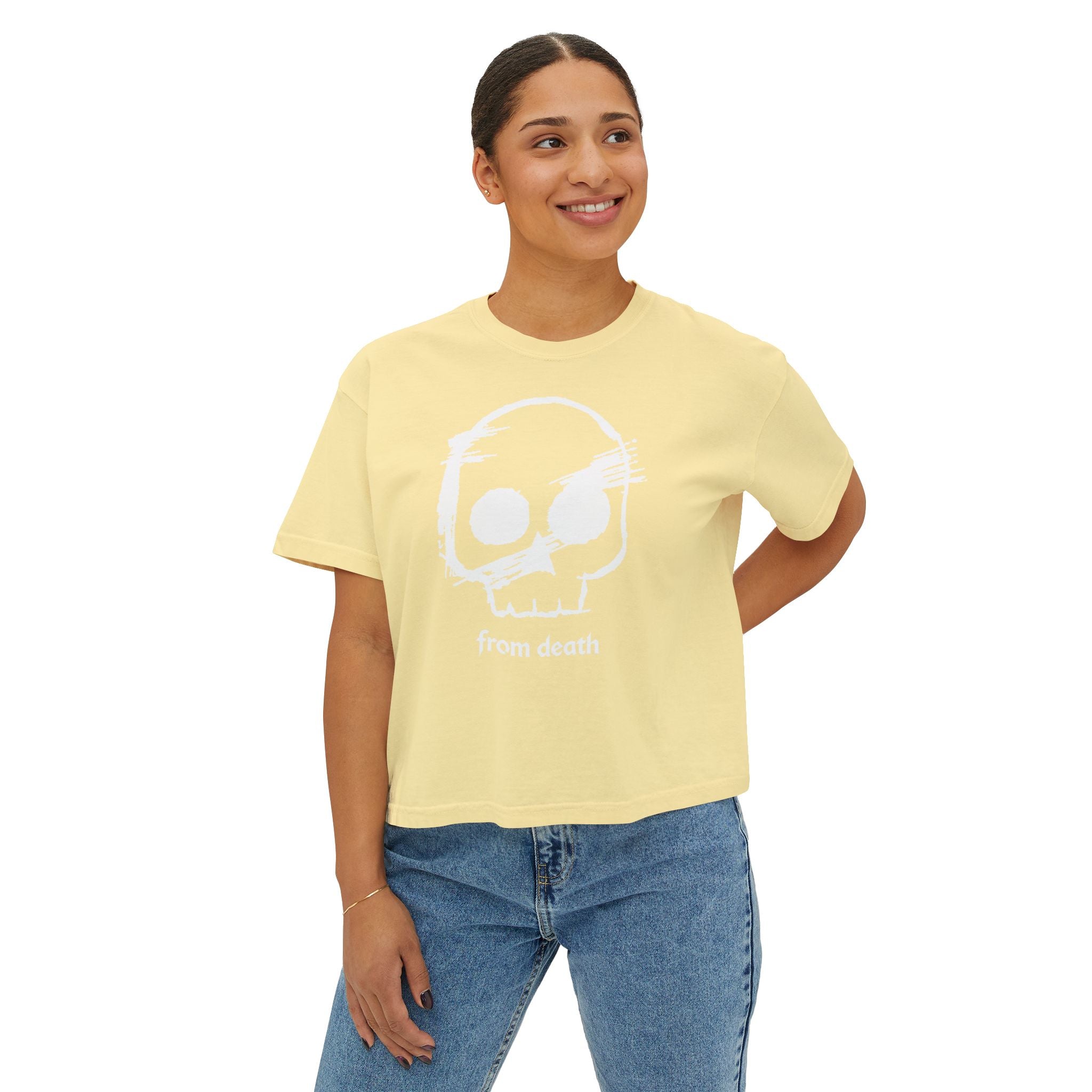 Adult Women's Boxy Tee — Subtle Skull & Cross Outline Graphic