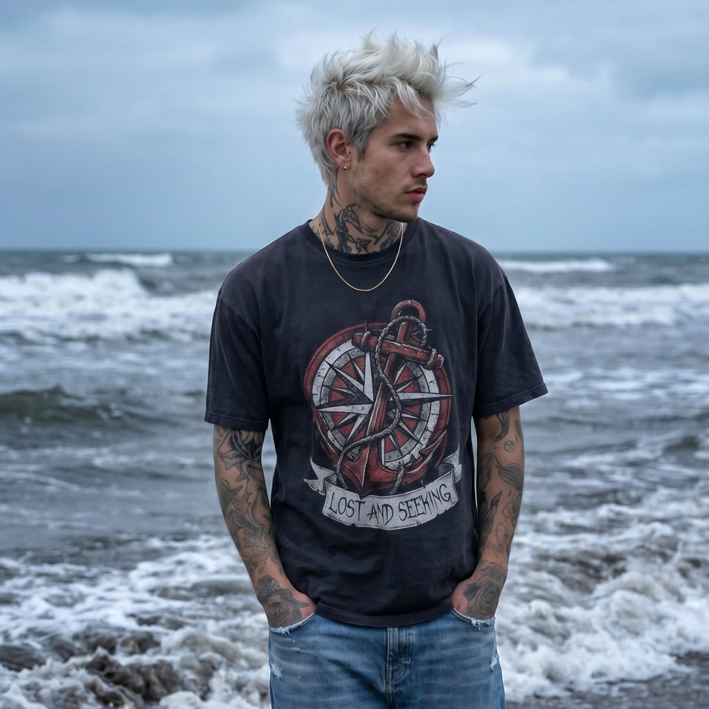 Noah Graves Lost and Seeking Compass Tee — Nautical Anchor Graphic T-Shirt (Unisex, Adult)